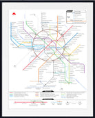 A framed transit map poster featuring the Moscow Metro system with multicolored route lines on a white background, enclosed in a black frame with a white mat.