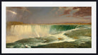 Frederic Edwin Church, Fine Art Print : Niagara Falls  A framed landscape art print depicting Niagara Falls, showing the waterfall cascading into turbulent water under a dramatic cloudy sky with a faint rainbow. The print is presented with a wide white mat and a black frame.