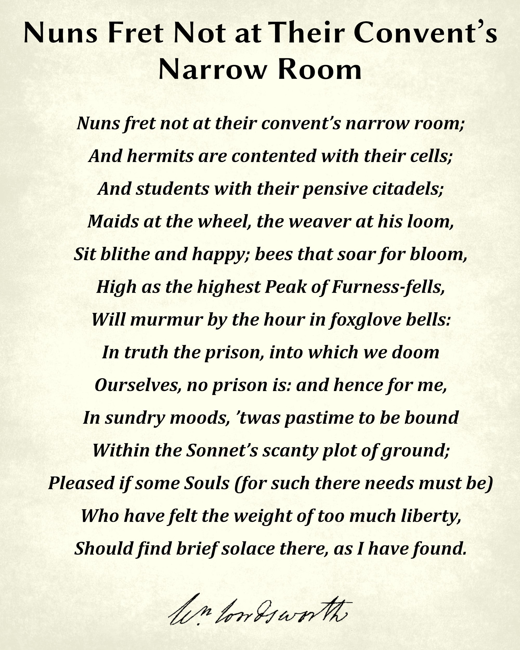 Nuns Fret Not at Their Convent’s Narrow Room, Poem by William Wordsworth, Typography Print