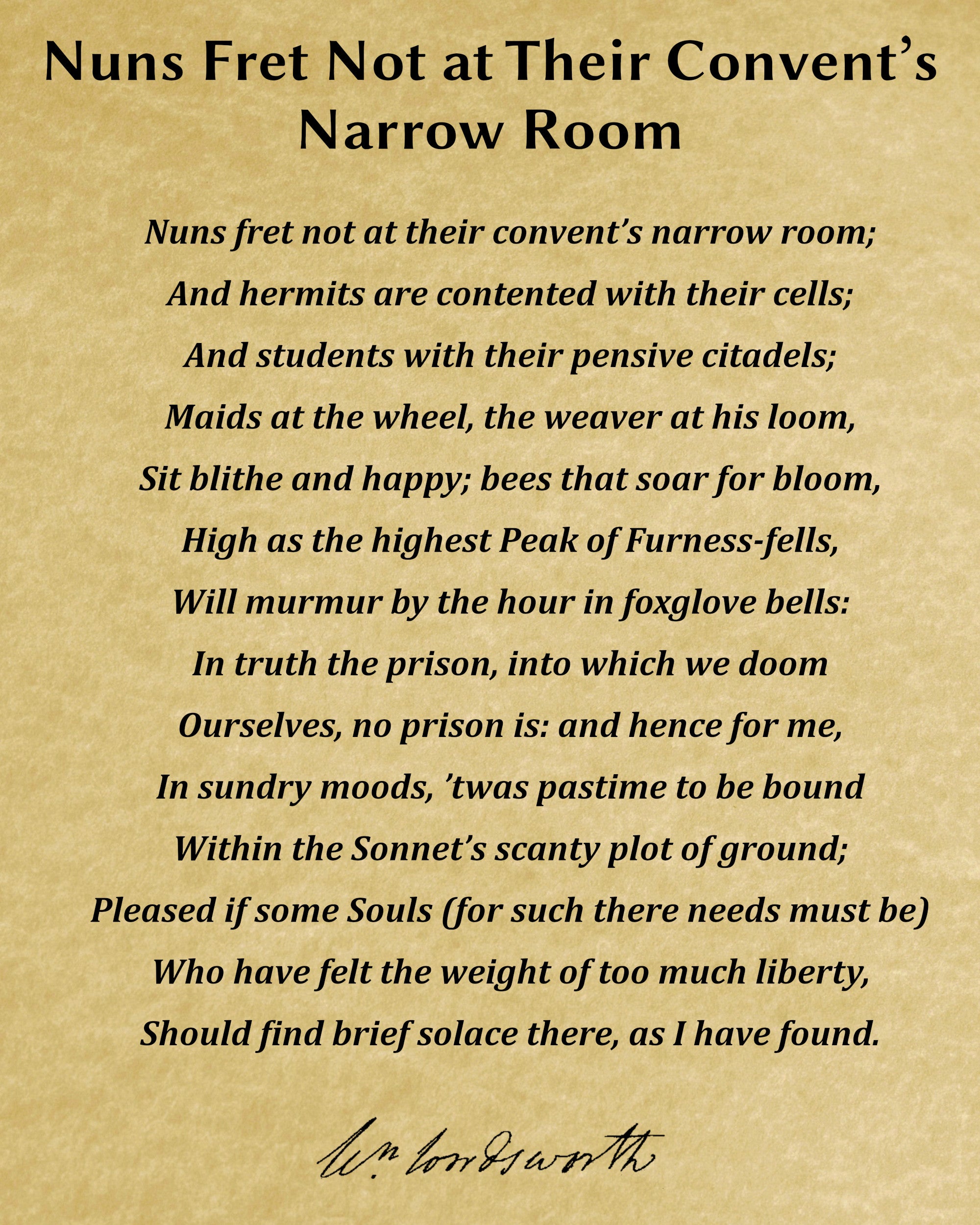 Nuns Fret Not at Their Convent’s Narrow Room, Poem by William Wordsworth, Typography Print