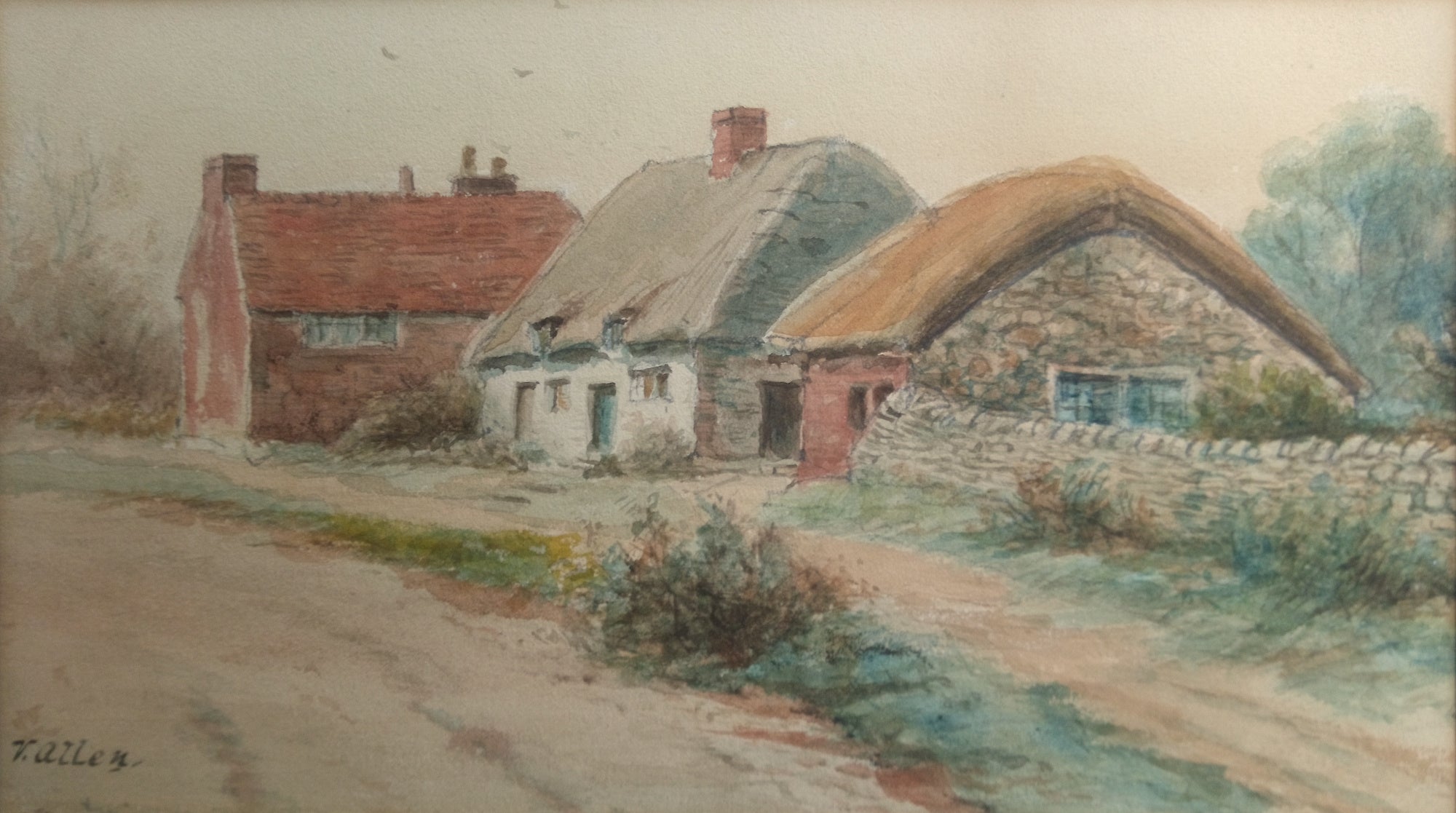 Thatched Farm Cottage Watercolour, Original Framed Signed Painting, V. Allen