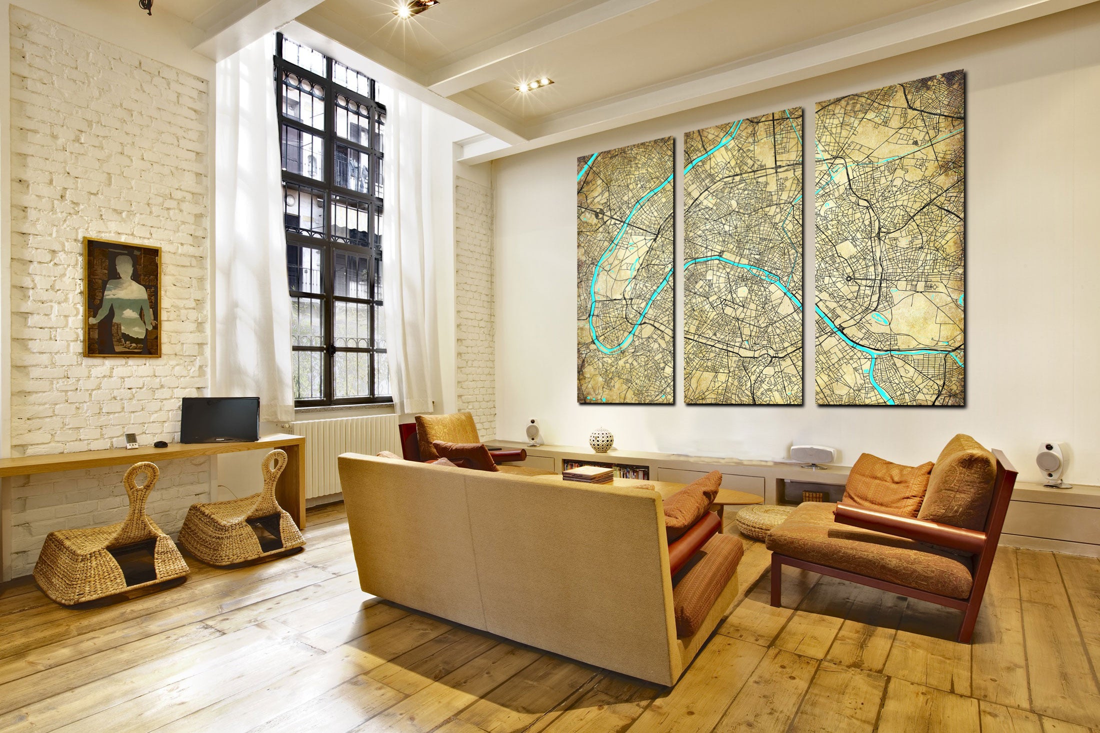 3 panel canvas map of Paris