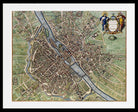 A framed vintage map print of Amsterdam, Netherlands, featuring detailed street layouts, canals, and a decorative cartouche in the upper right corner, presented with a white mat and black frame.