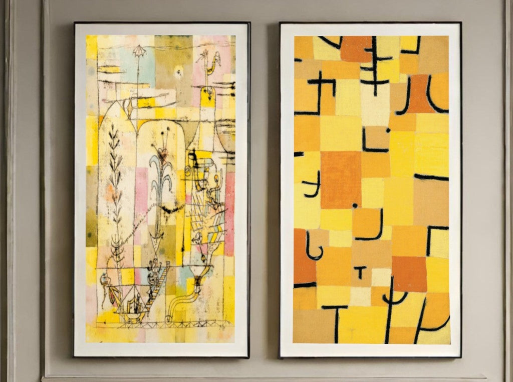 Pair of Golden Yellow Abstract Prints by Paul Klee