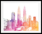 Framed watercolor-style cityscape print featuring the Petronas Towers and surrounding skyscrapers in Kuala Lumpur, rendered with pink, orange, and yellow tones on a white background.