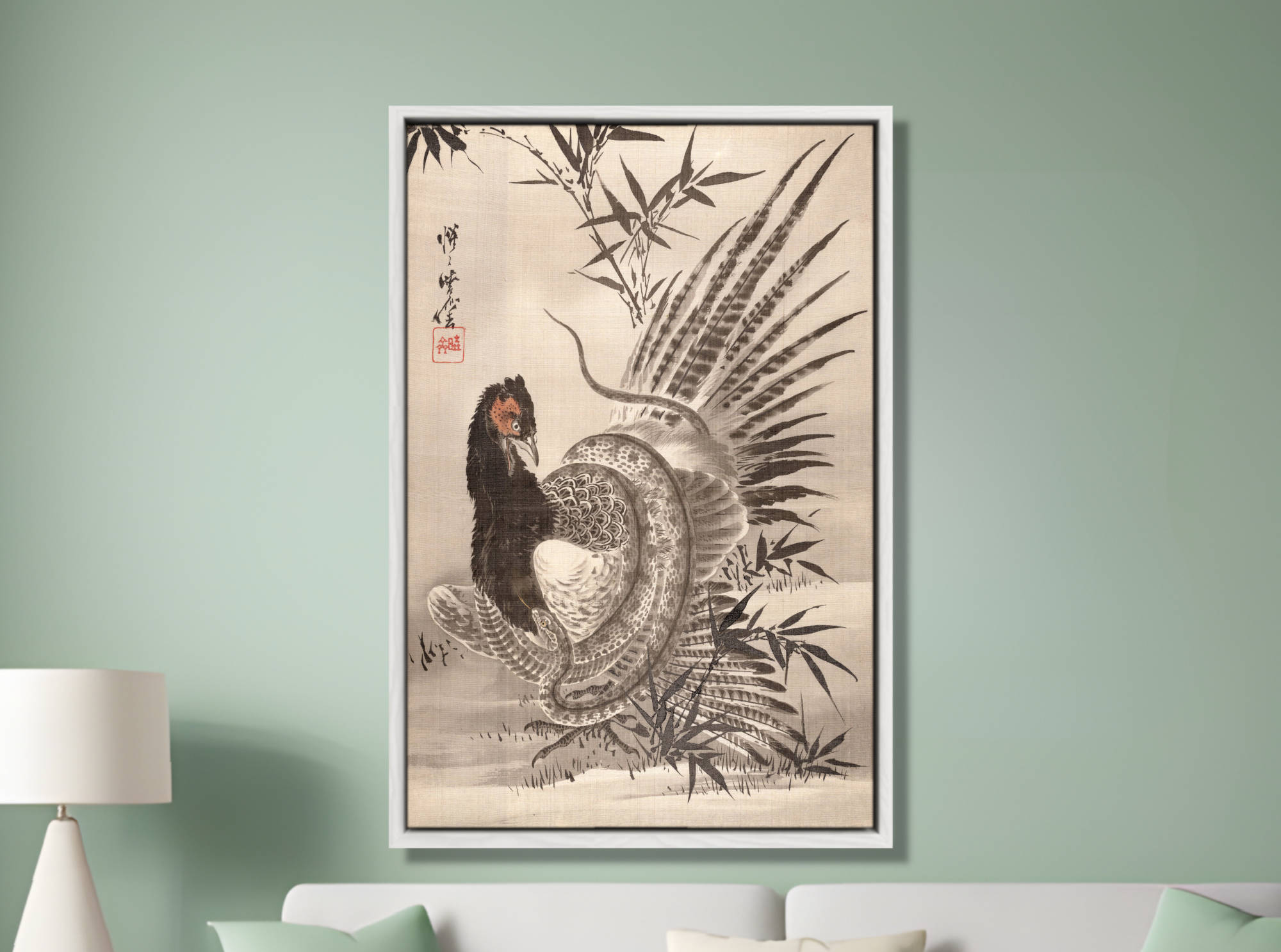 絵画 k.kobayasi Kawanabe Kyōsai, Japanese Art, Pheasant Caught by a Snake