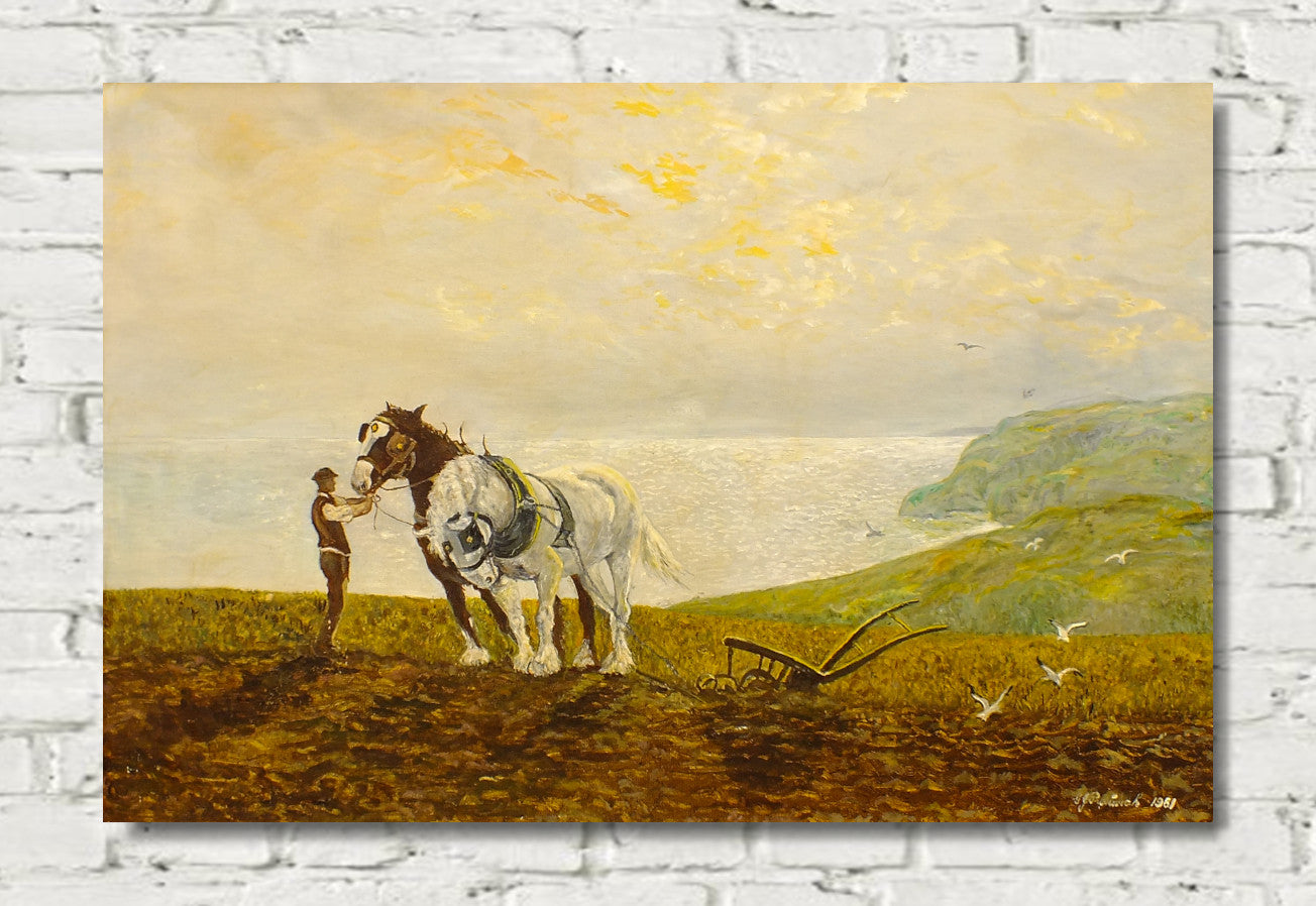 A beautifully painted depiction of 19th century farming life with a ploughman adjusting the harness on one of his dray horses at the end of a long day ploughing the fields of his coastal farm. Golden highlights of the setting sun have been expertly applied giving the viewer the rare treat of being "pulled" into this most appealing scene. A step back to bygone days with a classic and timeless appeal.