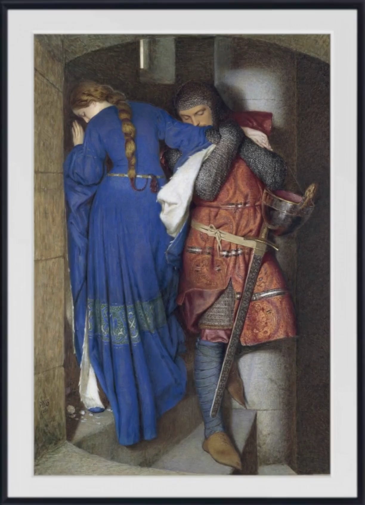 Young couple hanging the Frederic William Burton Fine Art Print, Hellelil and Hildebrand, the Meeting on the Turret Stairs - available at GalleryThane