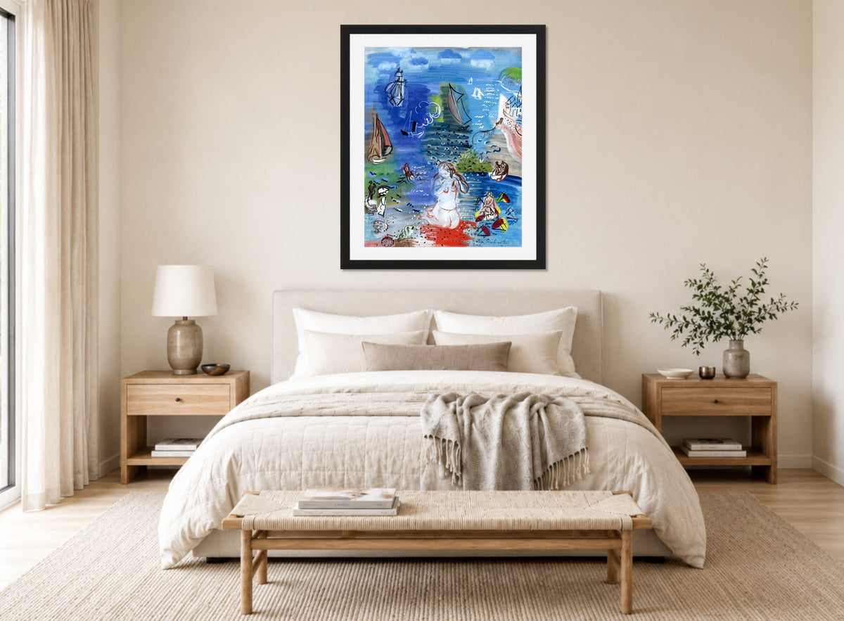 Raoul Dufy Print, 004 Amphitrite (1939)_10x8 displayed above a bed