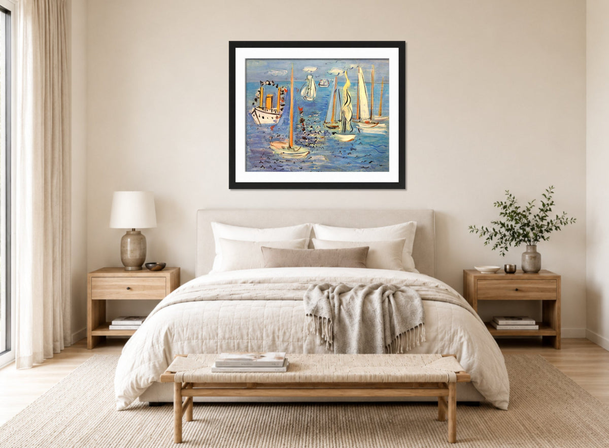 Raoul Dufy Print, 010 Bateaux pavoisés (1946)_10x8 displayed above a bed