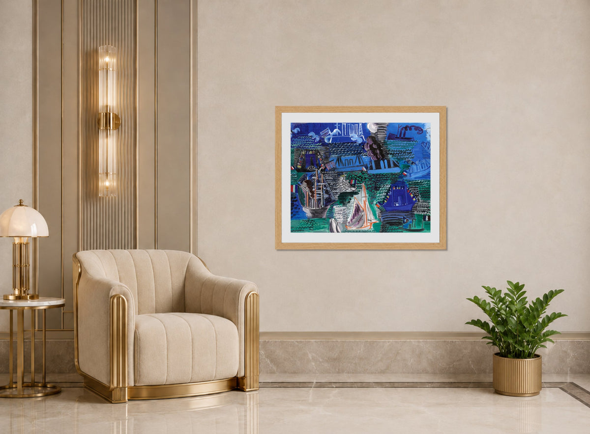 Raoul Dufy Print, 013 Boats (circa 1930)_10x8 displayed in an Art Deco interior