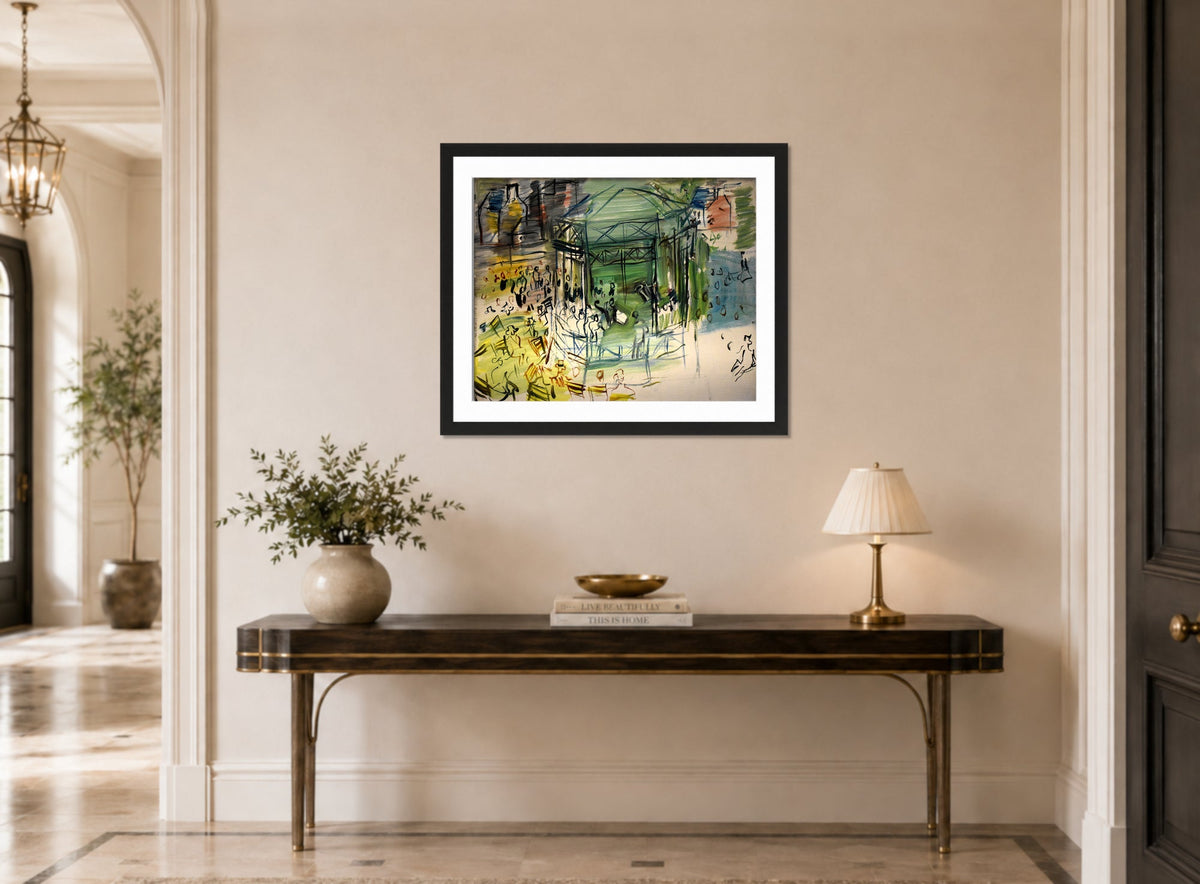 Raoul Dufy Print, 032 Etude pour le Dimanche_10x8 displayed above a console table