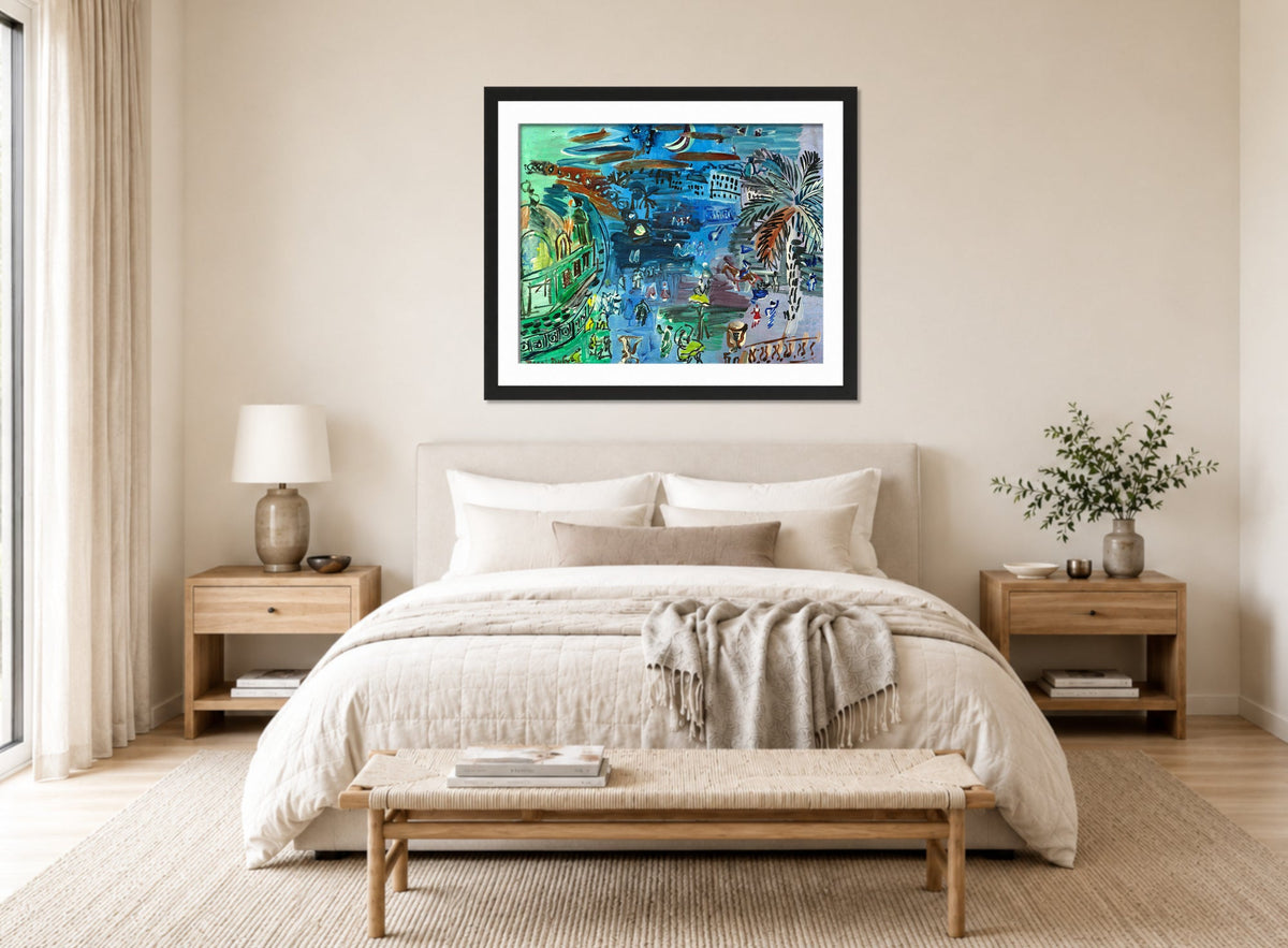 Raoul Dufy Print, 038 L’ancien casino de Nice de nuit_10x8 displayed above a bed