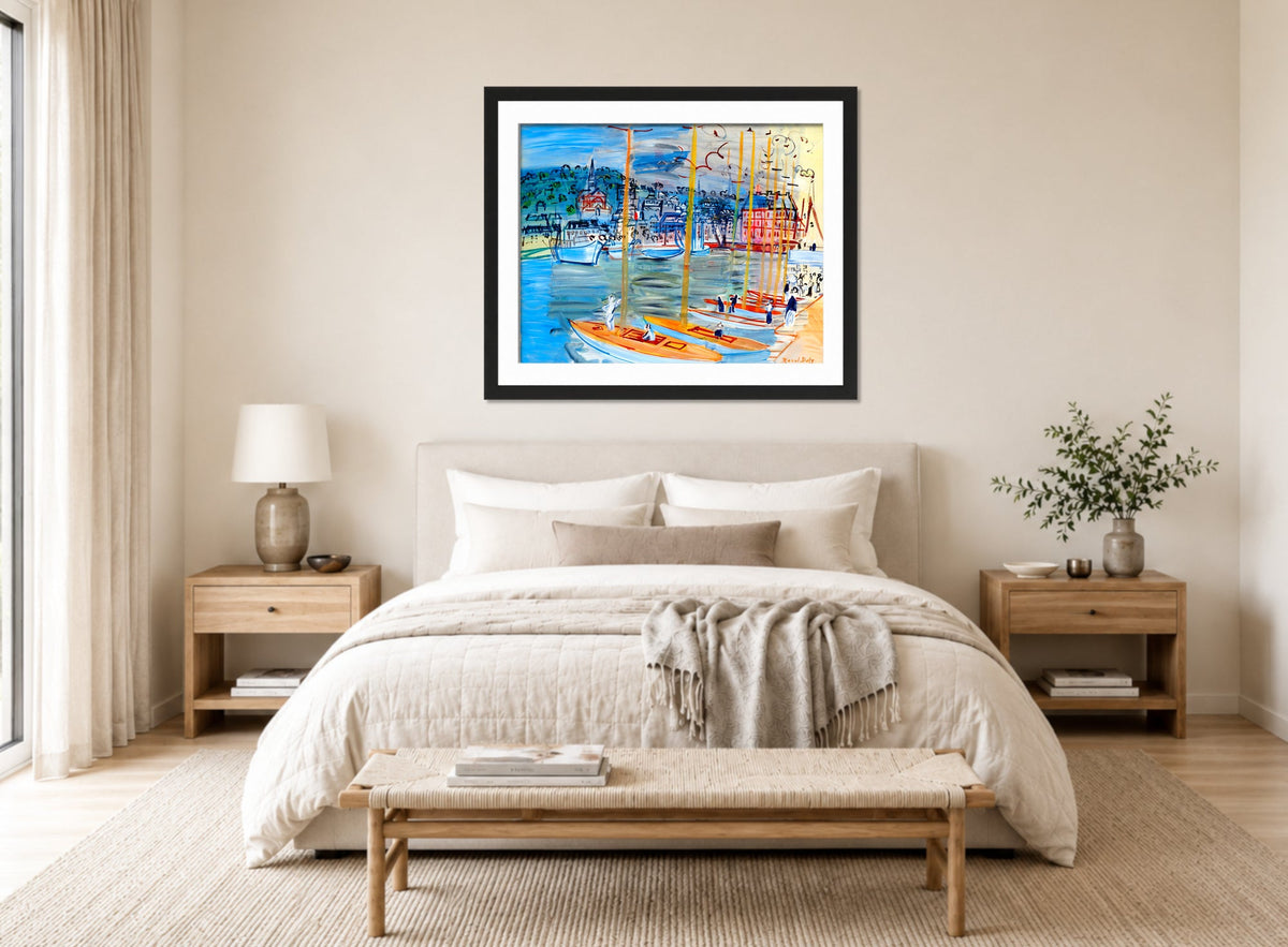Raoul Dufy Print, 055 Le bassin de Deauville (1938)_10x8 displayed above a bed