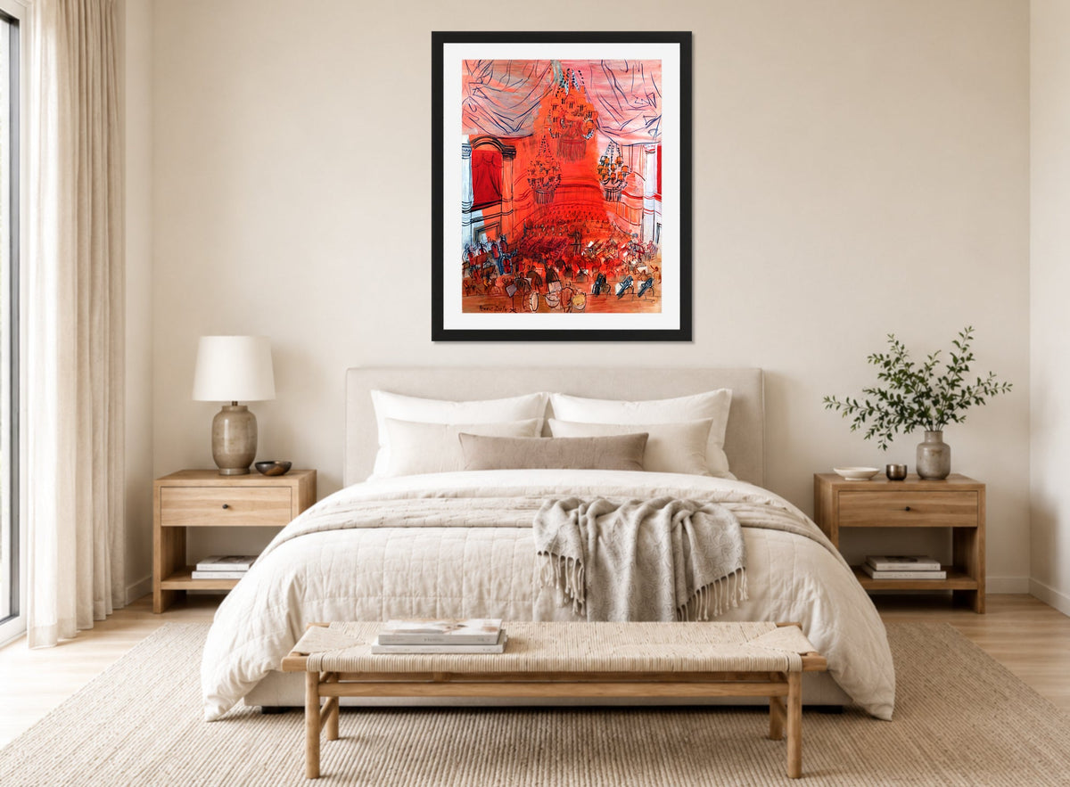 Raoul Dufy Print, 081 orchestra rossa_10x8 displayed above a bed