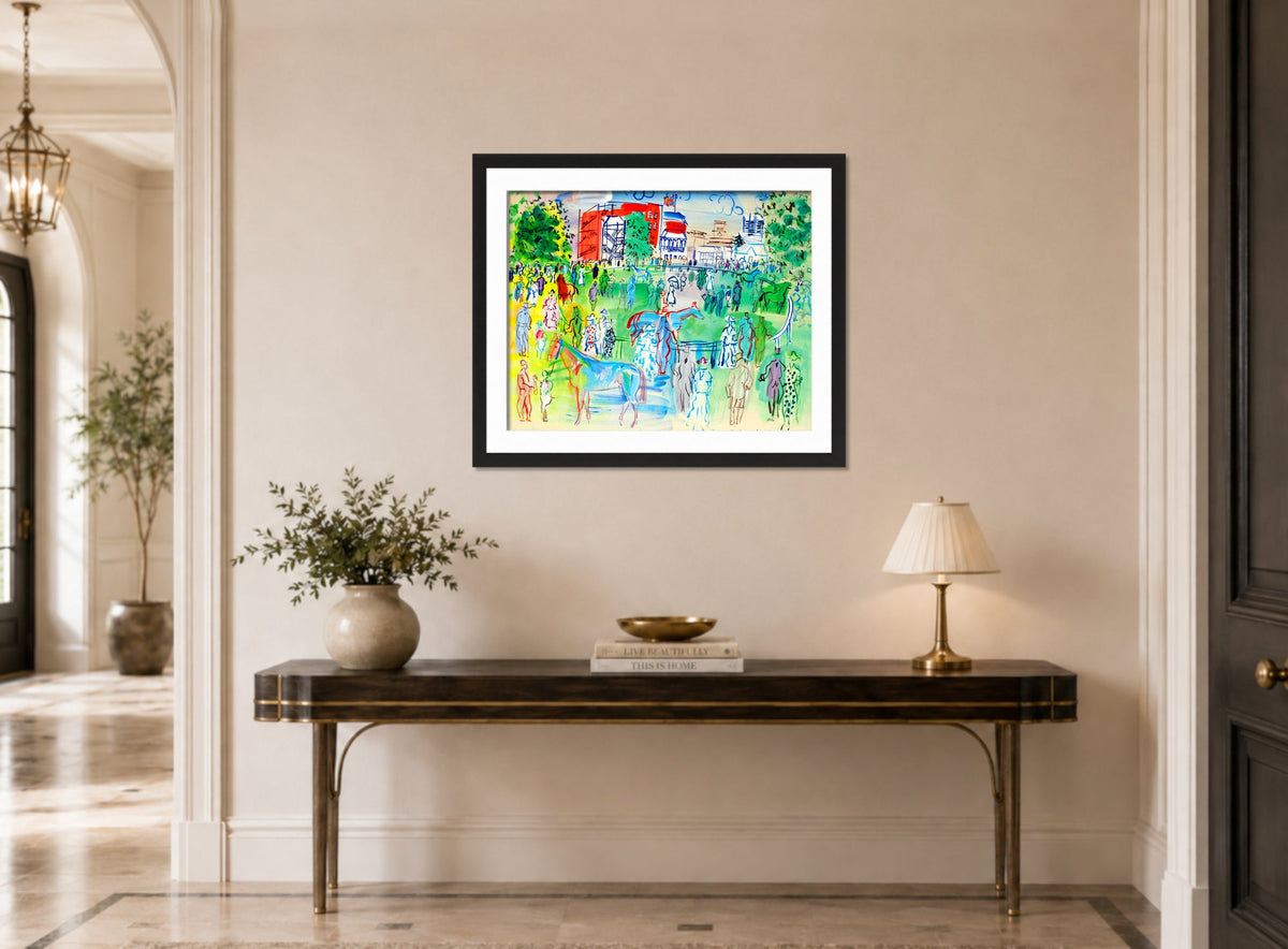 Raoul Dufy Print, 082 Paddock et turfistes à Ascot (1935)_10x8 displayed above a console table