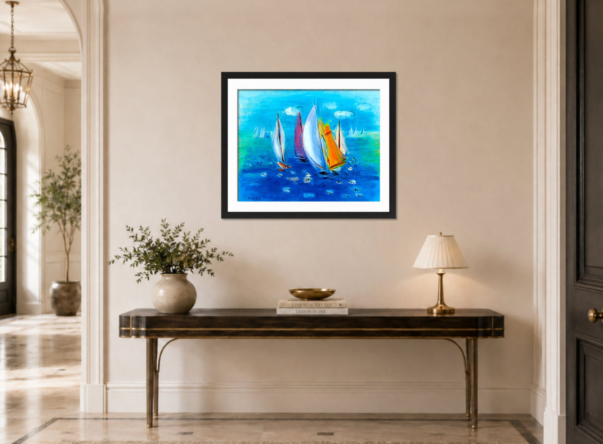 Raoul Dufy Print, 092 Régates des six mètres_10x8 displayed above a console table