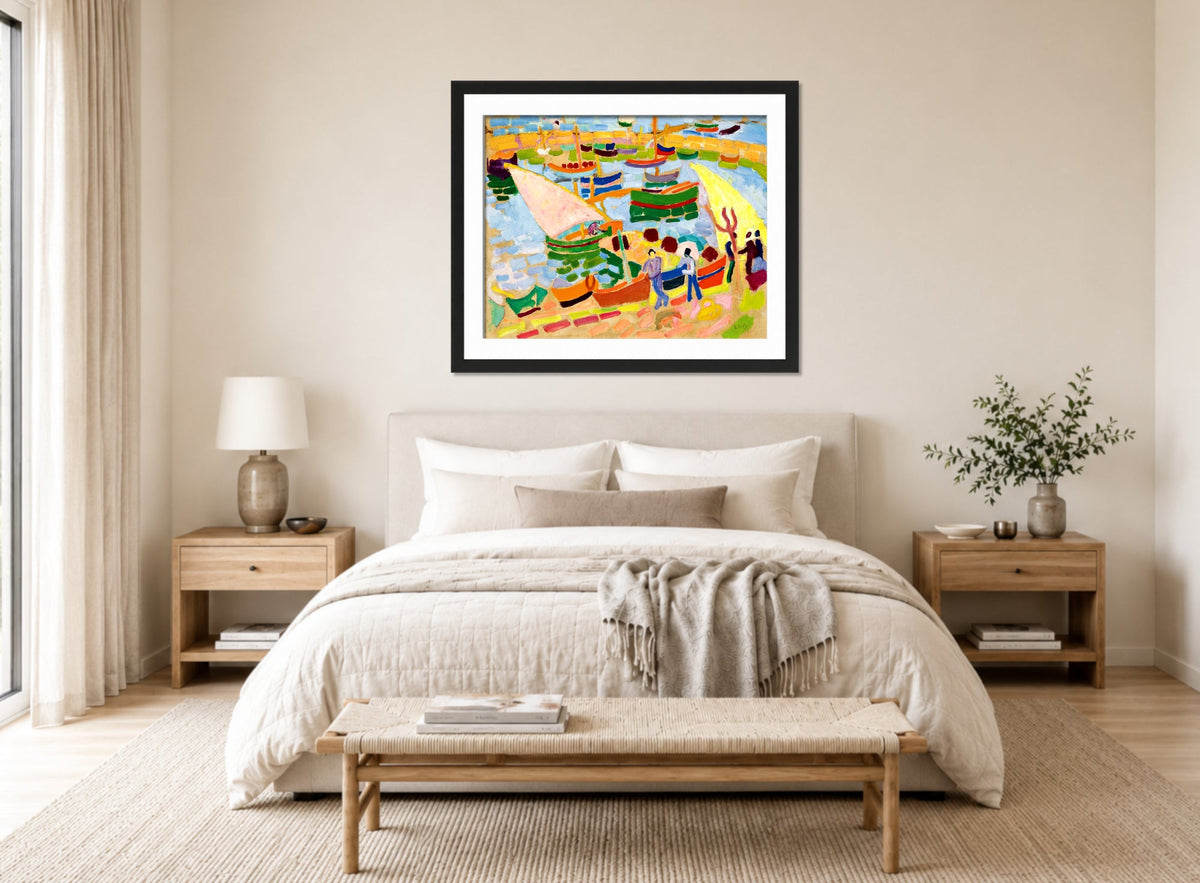 Raoul Dufy Print, 097 Sailboats and boats in the harbor (1907)_10x8 displayed above a bed