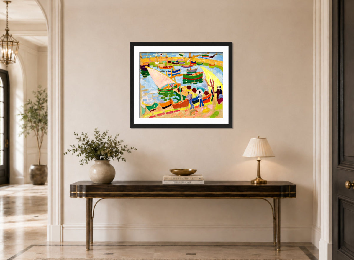 Raoul Dufy Print, 097 Sailboats and boats in the harbor (1907)_10x8 displayed above a console table