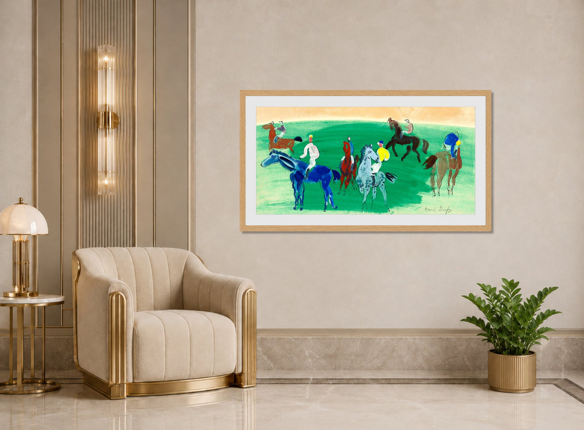 Raoul Dufy Print, 102 Six cavaliers et jockeys_16x8 displayed in an Art Deco interior