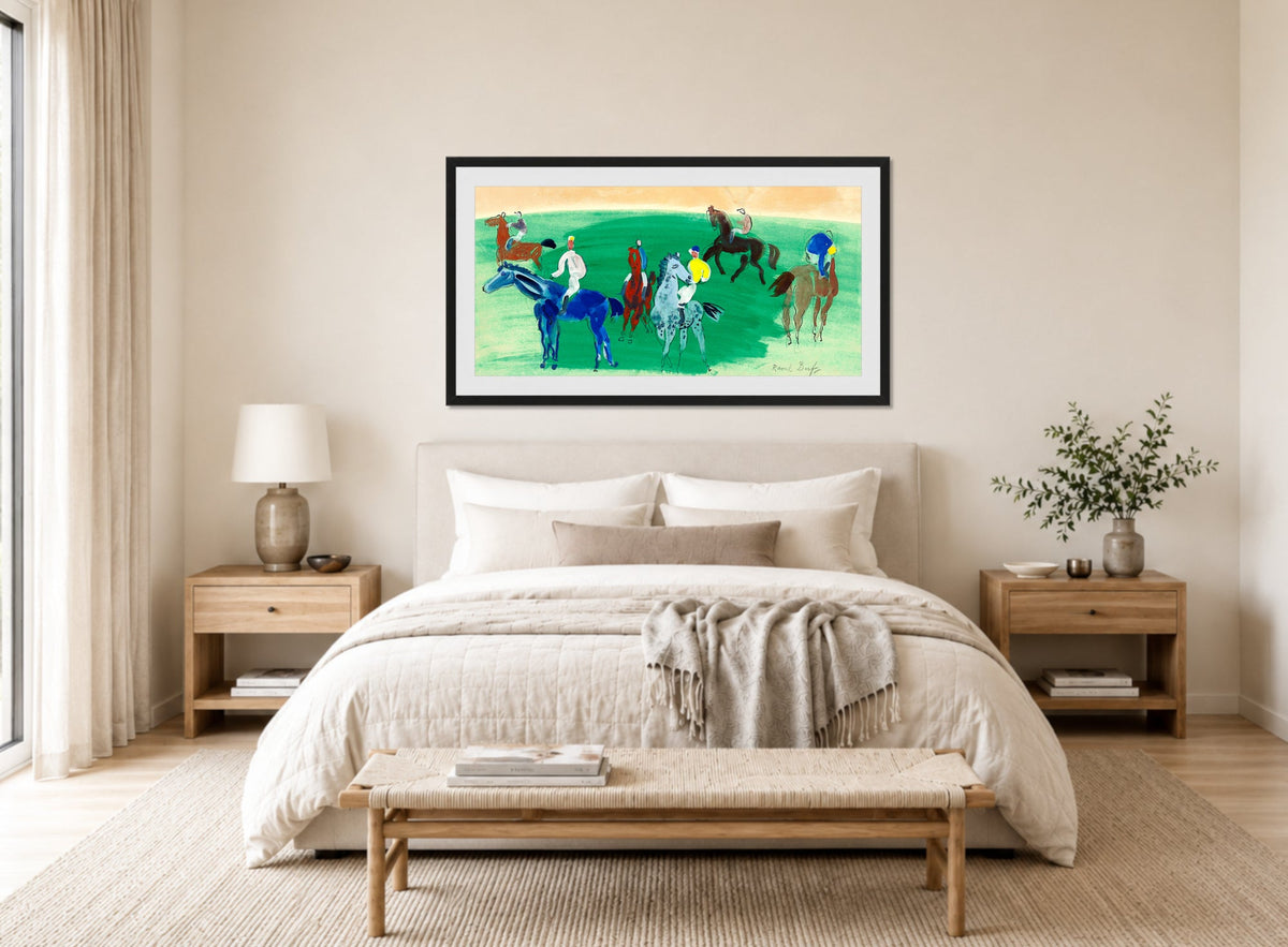 Raoul Dufy Print, 102 Six cavaliers et jockeys_16x8 displayed above a bed