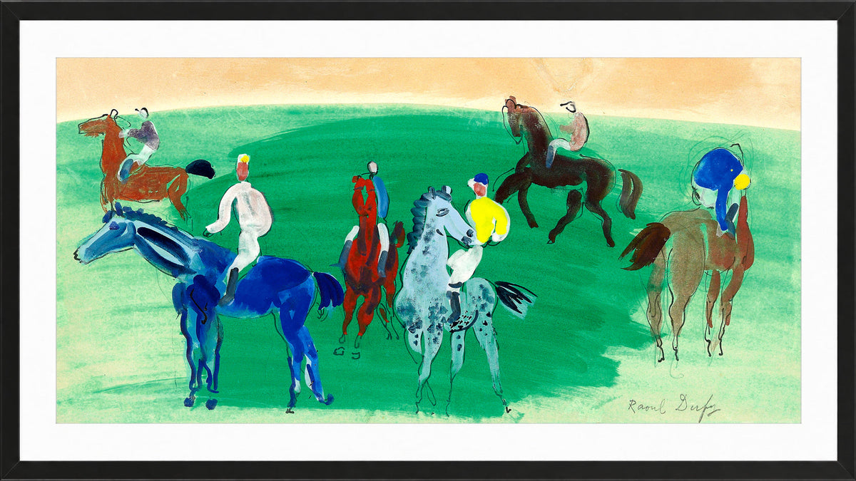 Raoul Dufy Print, 102 Six cavaliers et jockeys_16x8 in a black frame