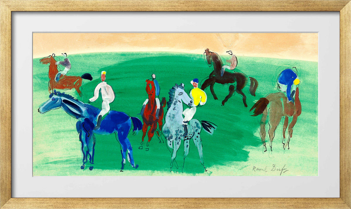 Raoul Dufy Print, 102 Six cavaliers et jockeys_16x8 in a gold frame