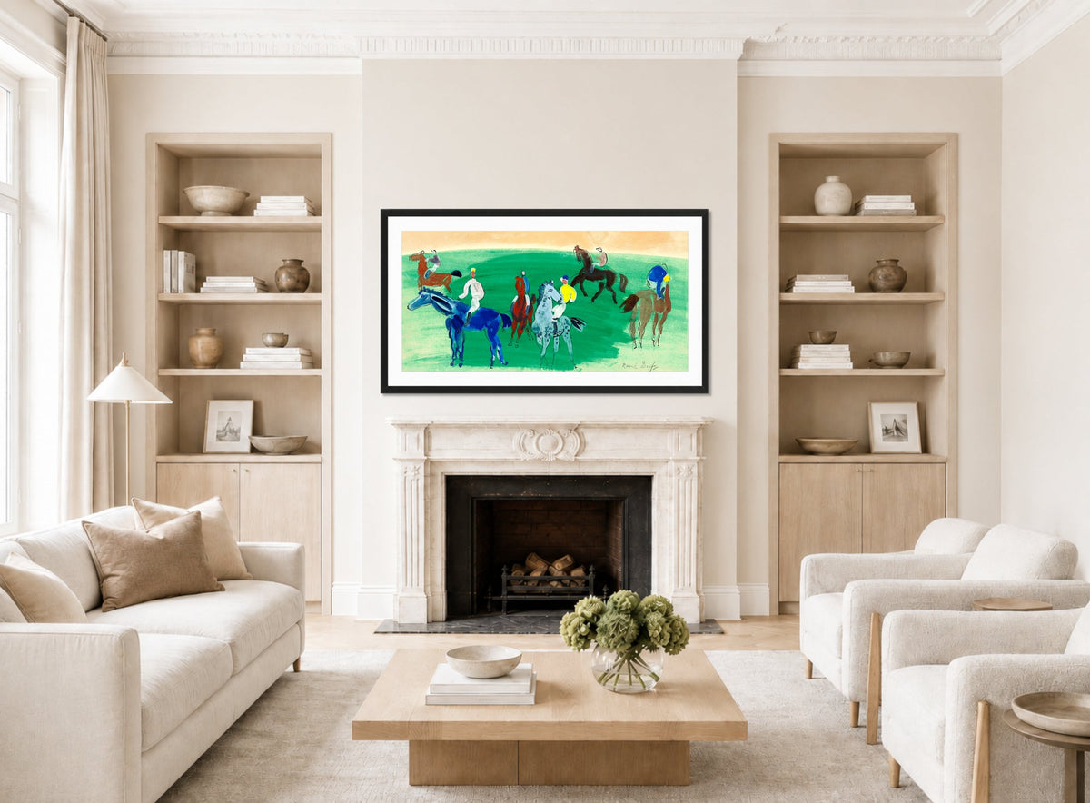 Raoul Dufy Print, 102 Six cavaliers et jockeys_16x8 displayed in a Scandinavian living room