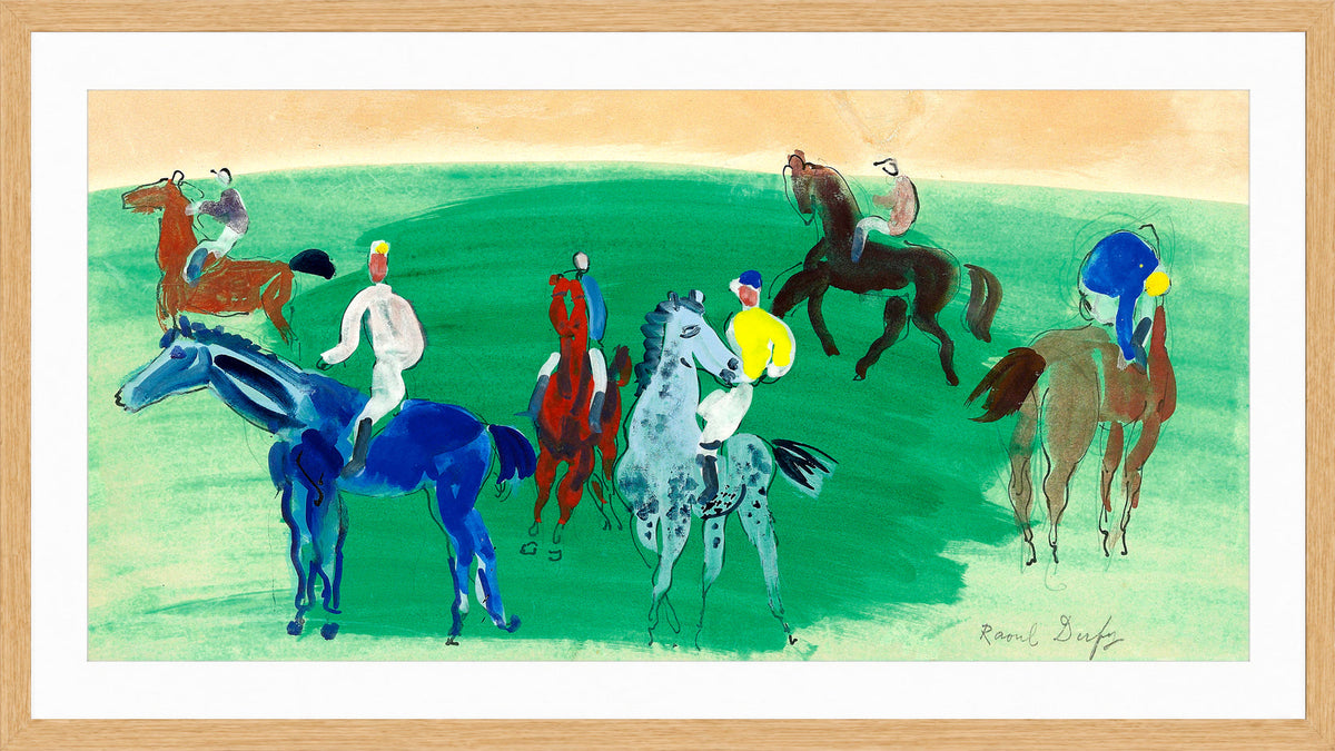 Raoul Dufy Print, 102 Six cavaliers et jockeys_16x8 in an oak frame