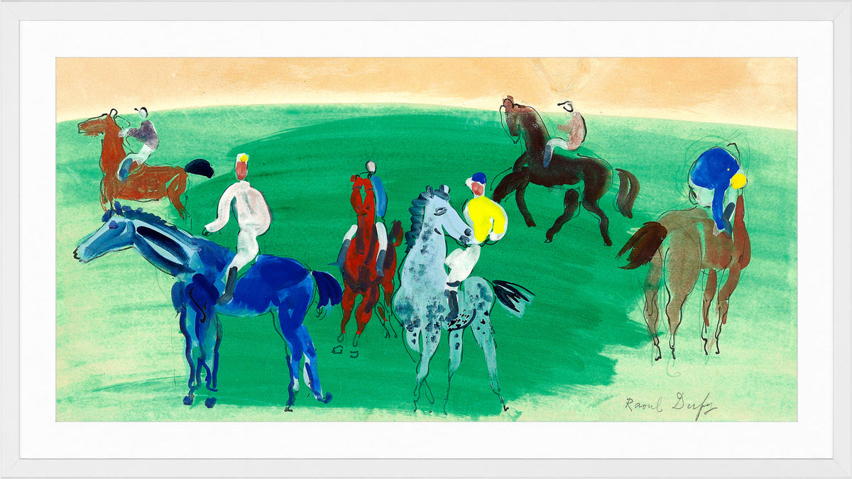 Raoul Dufy Print, 102 Six cavaliers et jockeys_16x8 in a white frame