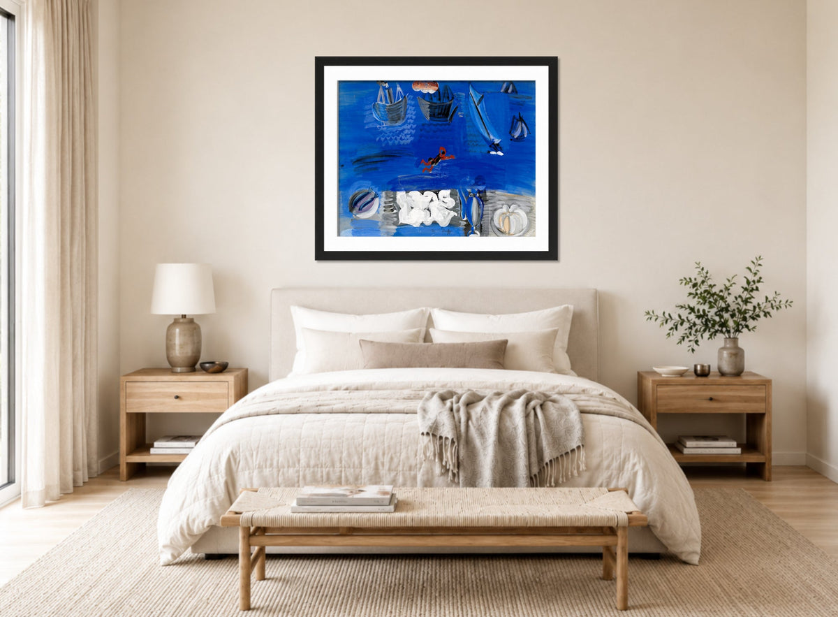 Raoul Dufy Print, 104 Still life and boats (circa 1923)_10x8 displayed above a bed