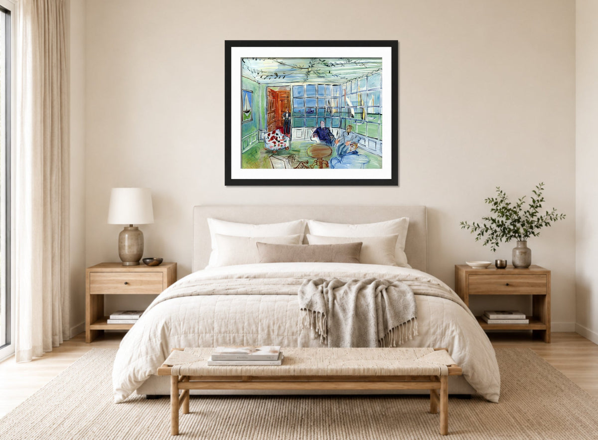Raoul Dufy Print, 123 The Royal Yacht Squadron, Cowes, Isle of Wight_10x8 displayed above a bed