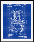 A framed blueprint art print of an industrial safety harness patent from 1968, featuring white technical line drawings and text on a blue grid background, enclosed in a white mat and black frame.