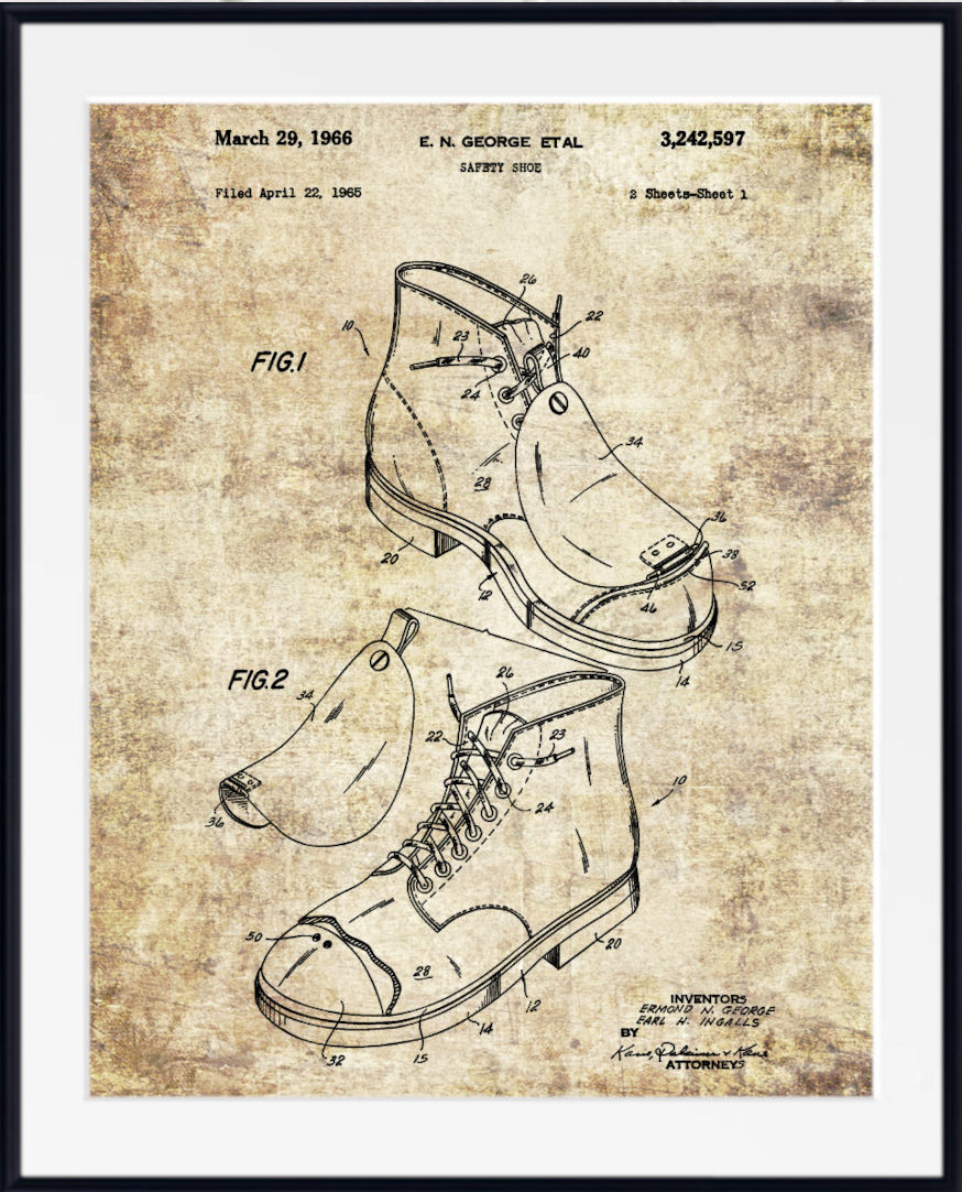 A framed vintage patent print of a lace-up work boot, showing technical line drawings with dates and inventor text on an aged beige background, presented in a black frame with a white mat.