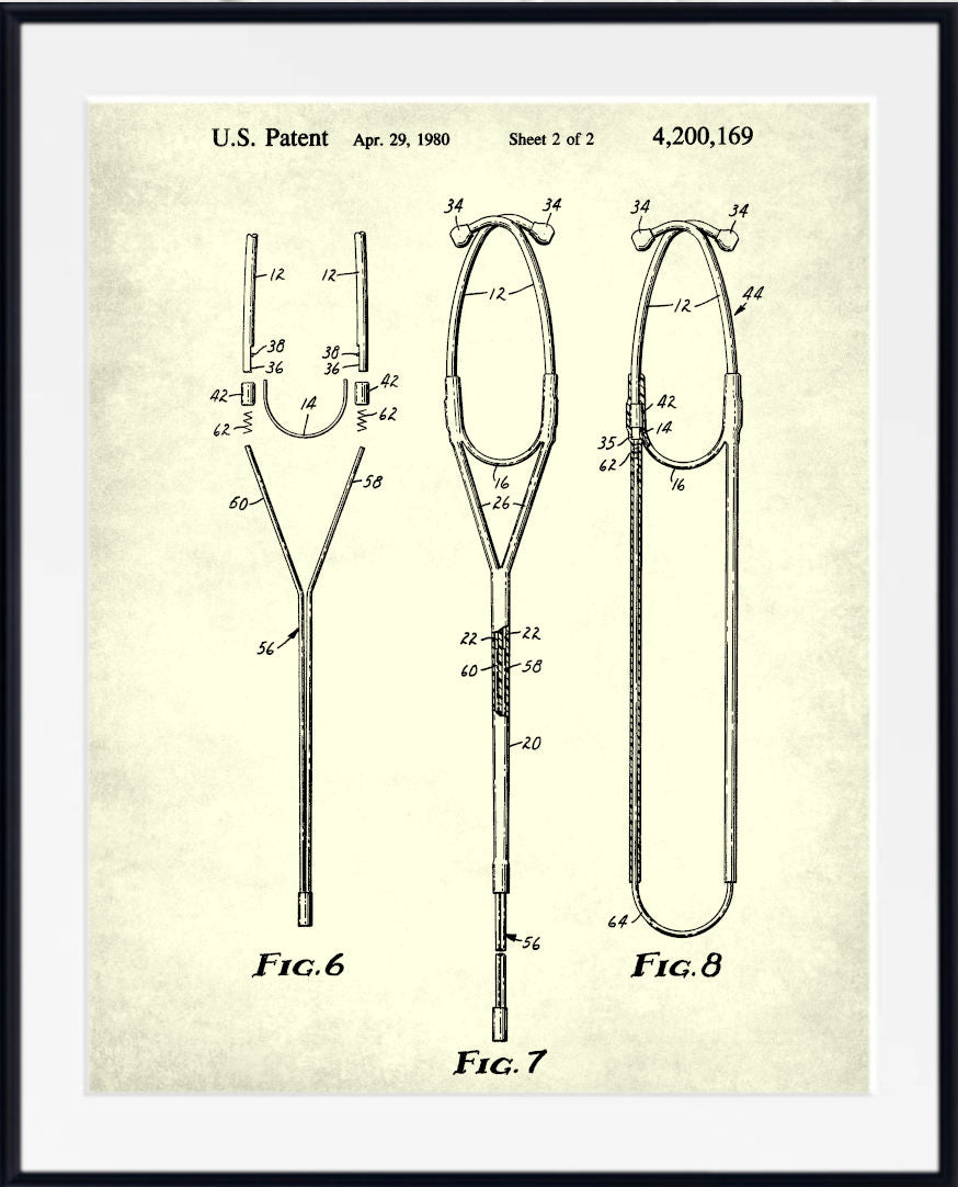 A framed vintage-style patent print showing three black technical line drawings labeled Fig. 6, Fig.