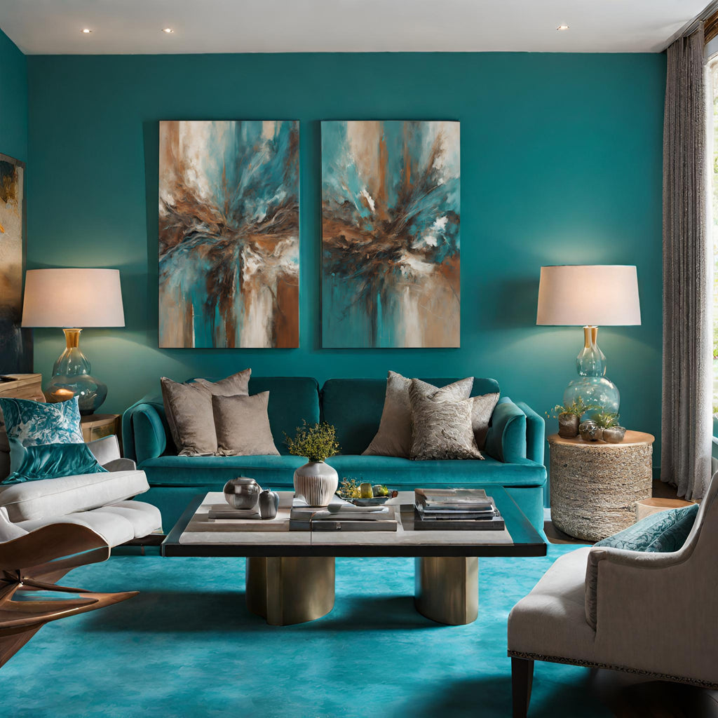 Extra Large Abstract Wall Art, Set of 2 Beige, Teal, Turquoise Prints