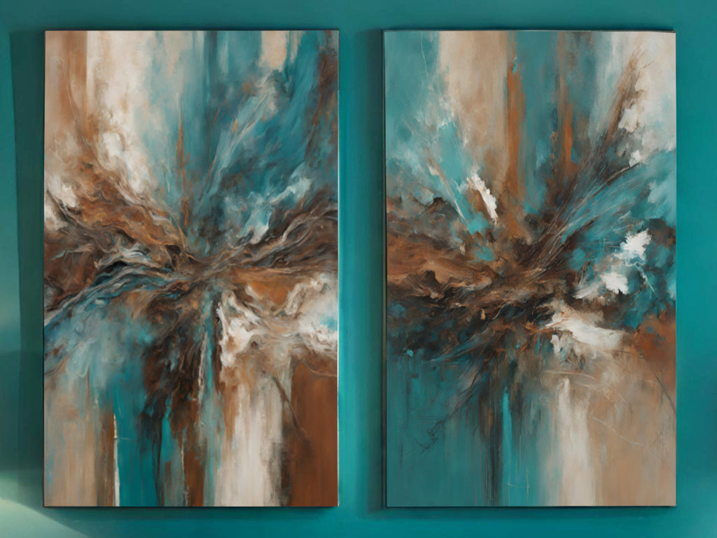 Extra Large Abstract Wall Art, Set of 2 Beige, Teal, Turquoise Prints