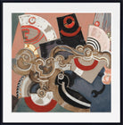 An abstract geometric art print featuring overlapping shapes in muted pink, beige, black, red, blue-gray, and white, presented with a white mat and black frame.