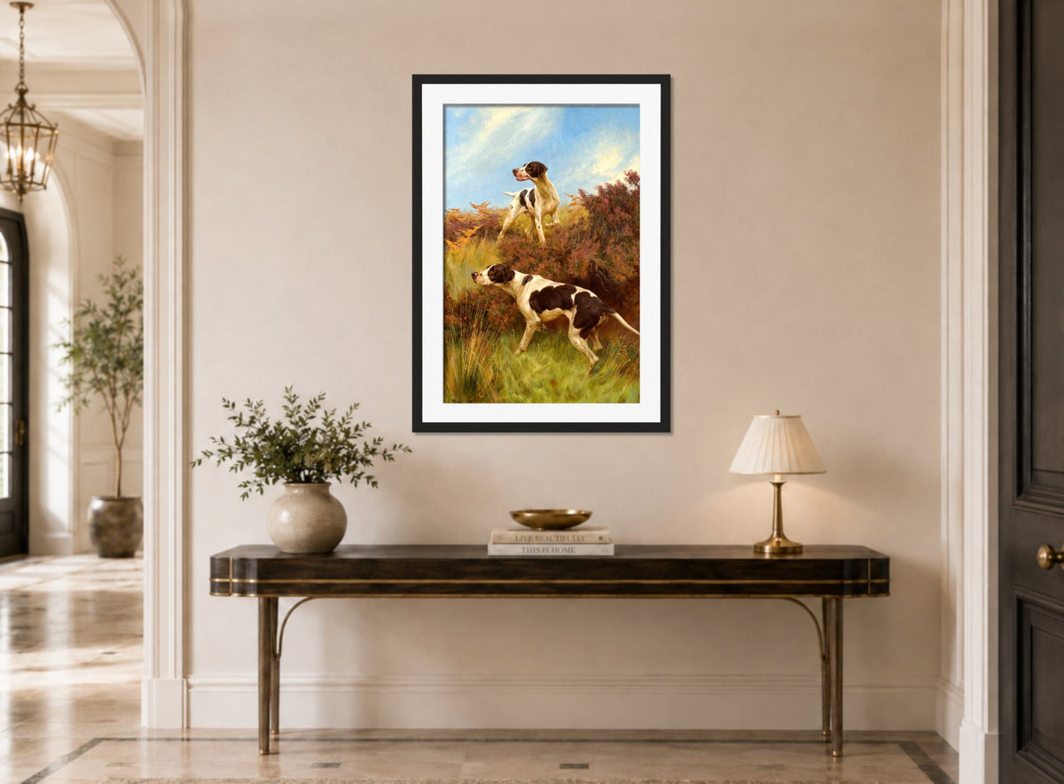 Thomas Blinks Print, A Good Point displayed above a console table