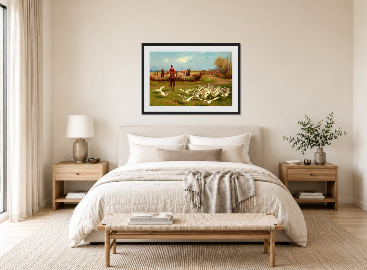 Thomas Blinks Print, ‘Away! Away!’ displayed above a bed