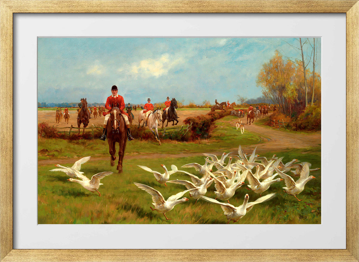 Thomas Blinks Print, ‘Away! Away!’ in a gold frame