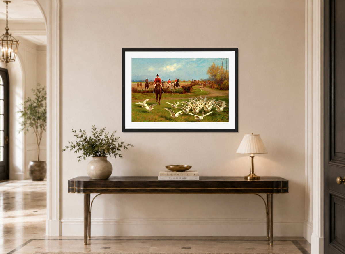 Thomas Blinks Print, ‘Away! Away!’ displayed above a console table