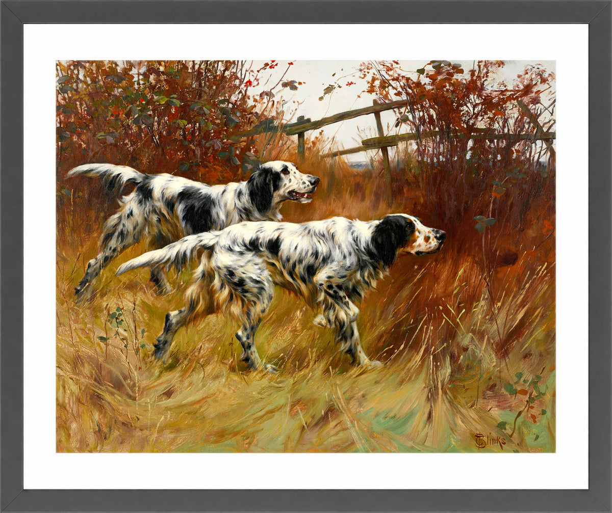 Thomas Blinks Print, English Setters in a dark grey frame