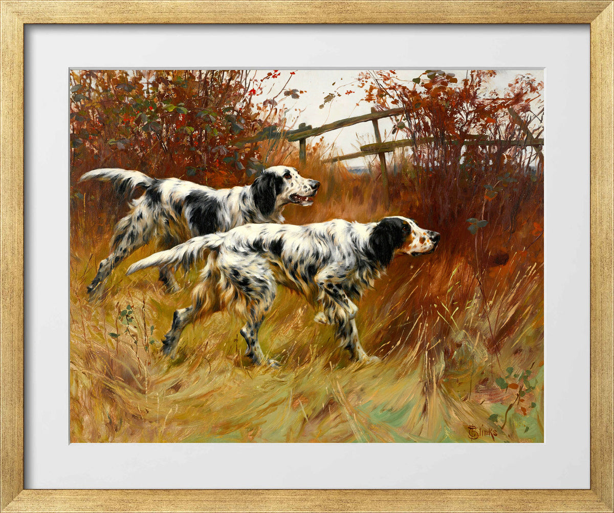 Thomas Blinks Print, English Setters in a gold frame