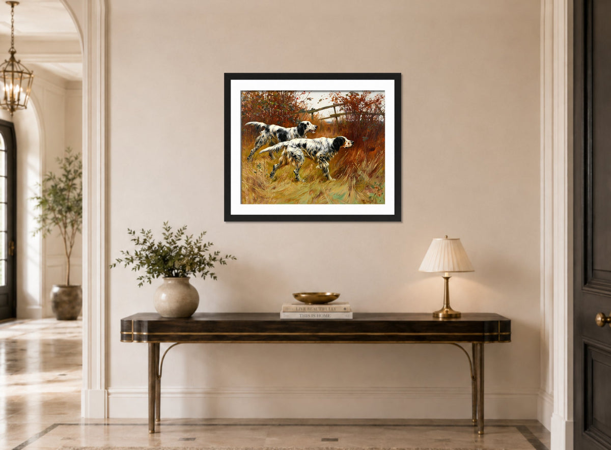 Thomas Blinks Print, English Setters displayed above a console table