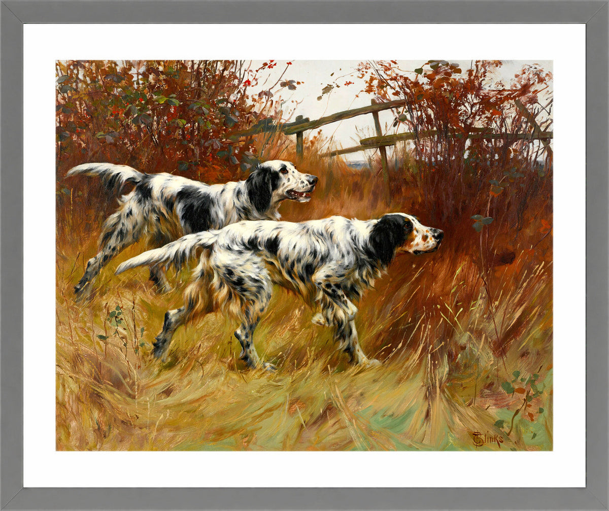 Thomas Blinks Print, English Setters in a light grey frame