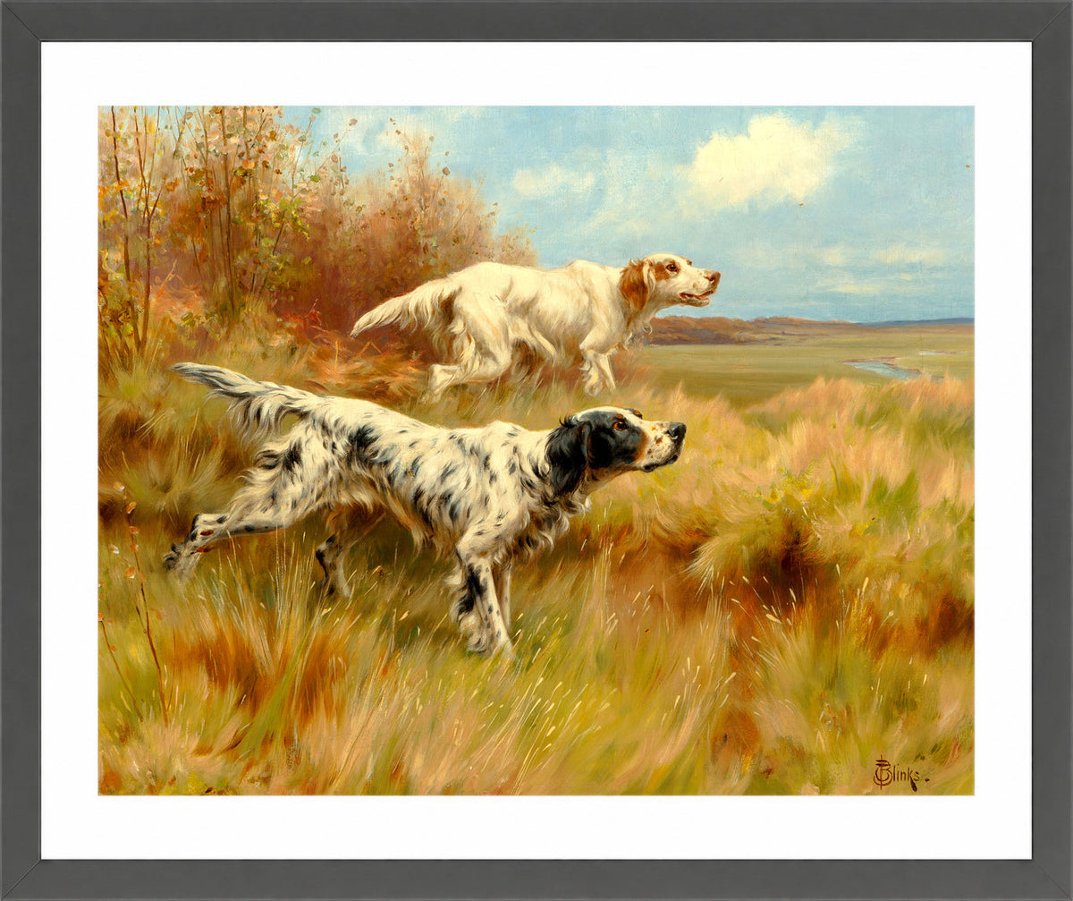 Thomas Blinks Print, English setters on point in a dark grey frame