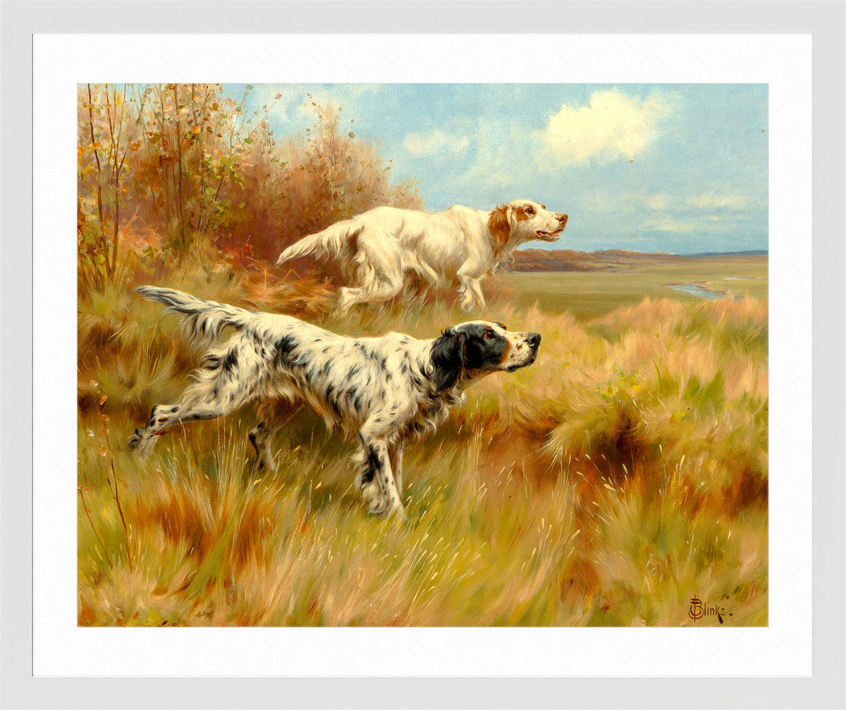 Thomas Blinks Print, English setters on point in a white frame