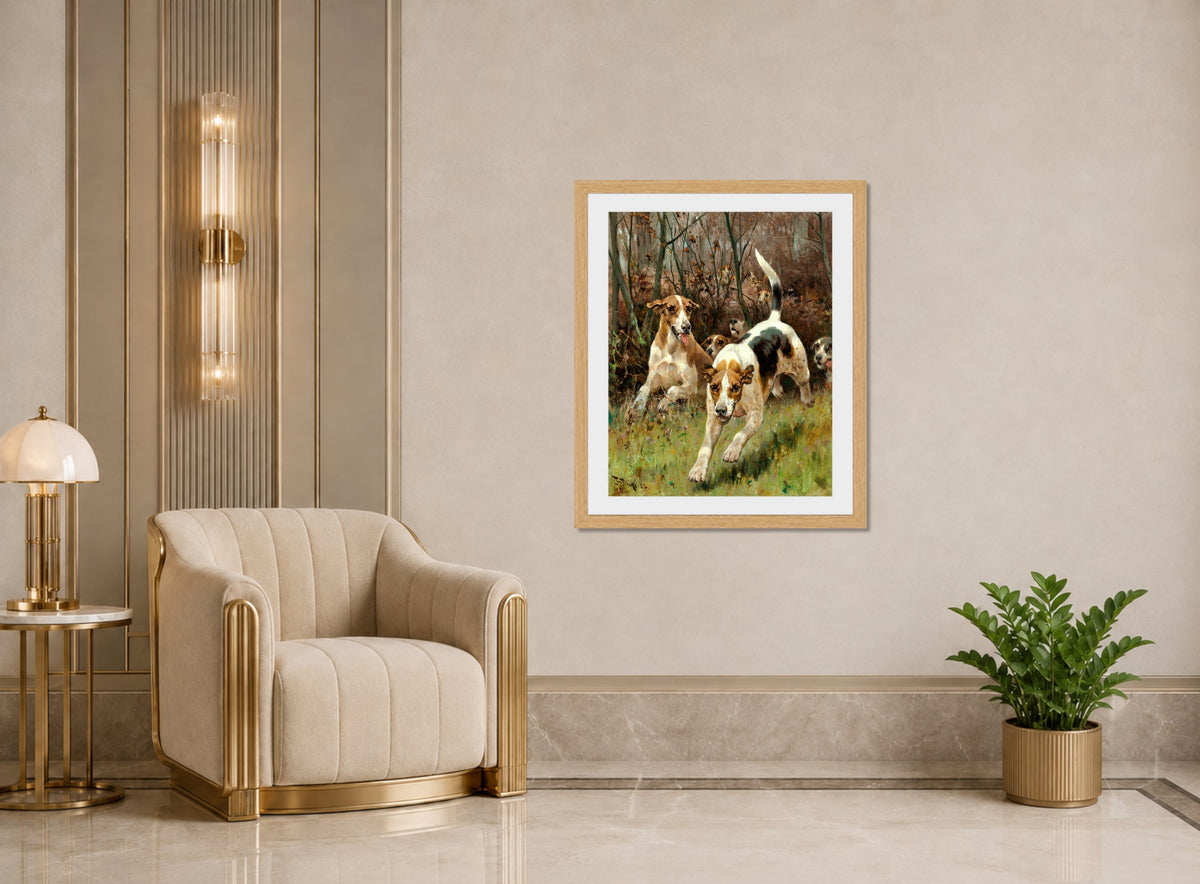 Thomas Blinks Print, Hunting pack coming on (1886) displayed in an Art Deco interior