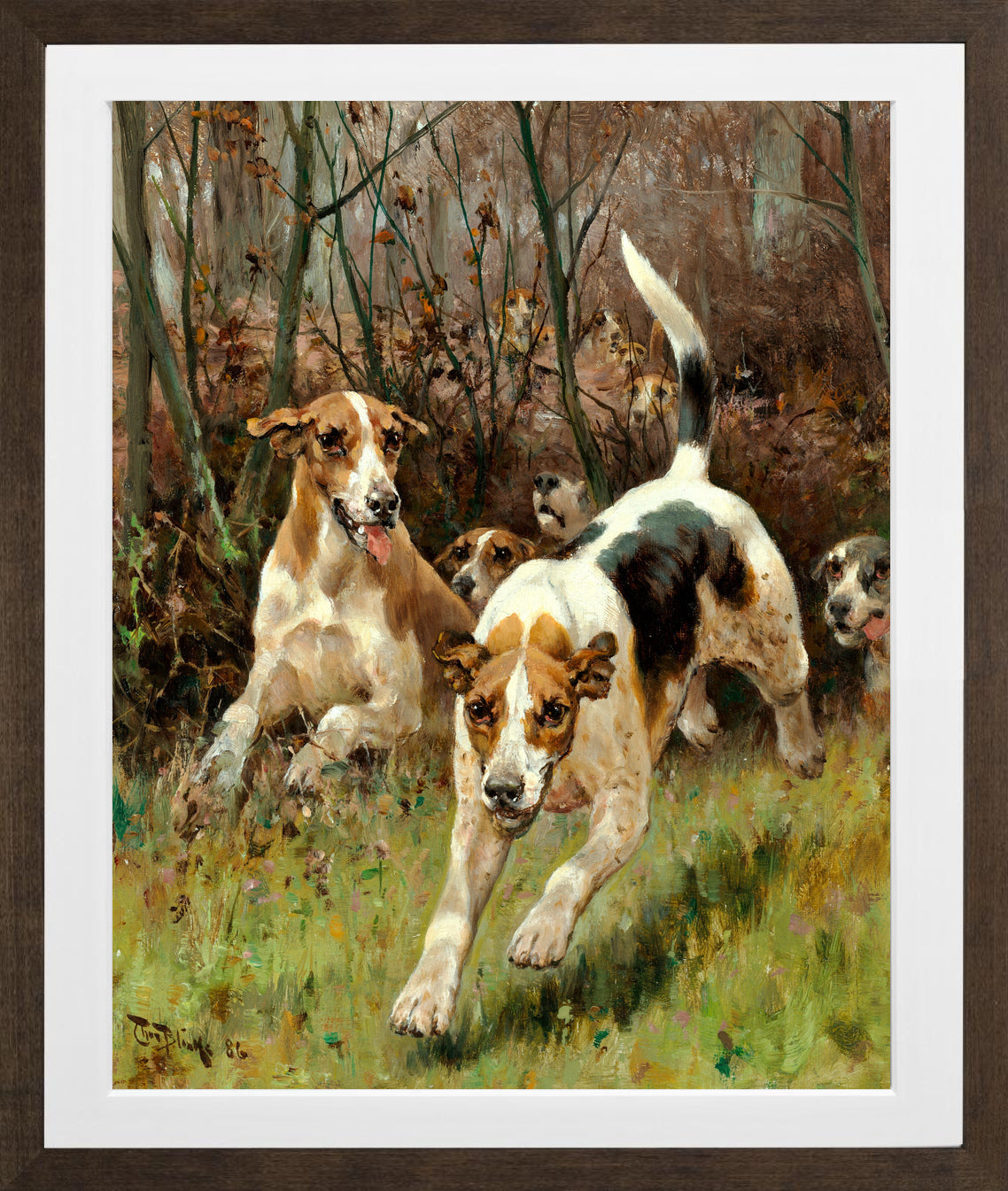 Thomas Blinks Print, Hunting pack coming on (1886) in a brown frame
